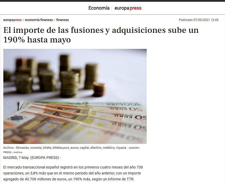 El importe de las fusiones y adquisiciones sube un 190% hasta mayo